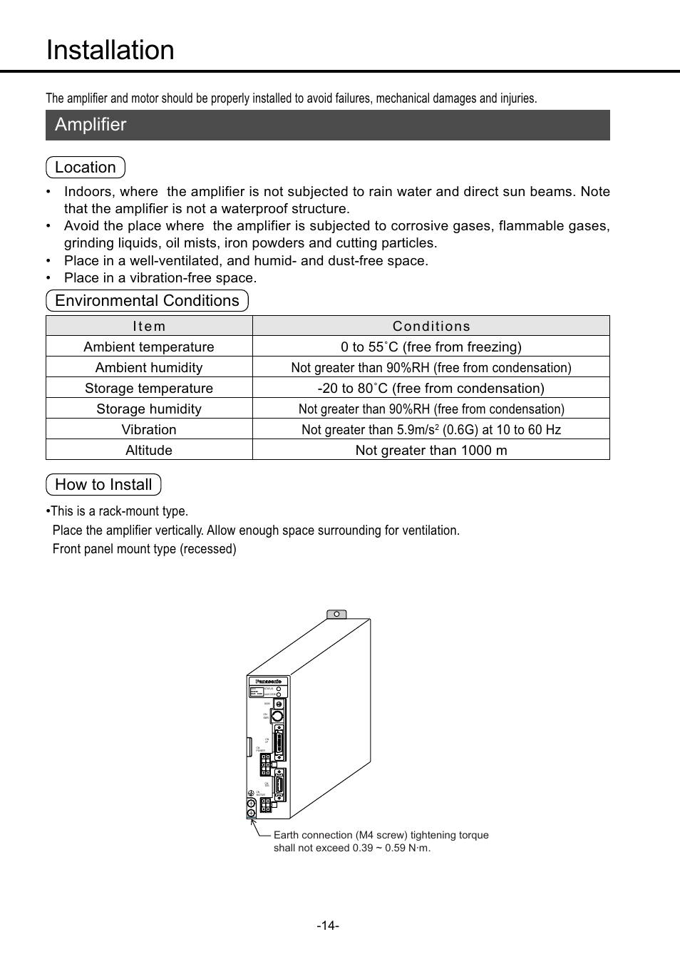 Installation, Amplifier, Installation ••••••••••••••••• 14 | Amplifier ••••••••••••••••••••••••••••••••••••• 14, Location, Environmental conditions how to install | Panasonic MDDDT5540 User Manual | Page 14 / 133
