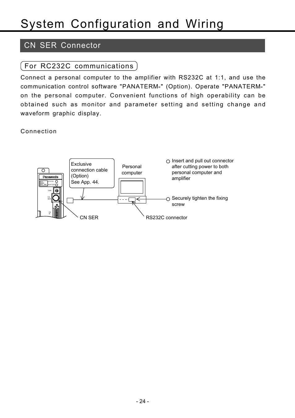 Cn ser connector, Cn ser connector ••••••••••••••••••••••• 24, System configuration and wiring | For rc232c communications | Panasonic MDDDT5540 User Manual | Page 24 / 133