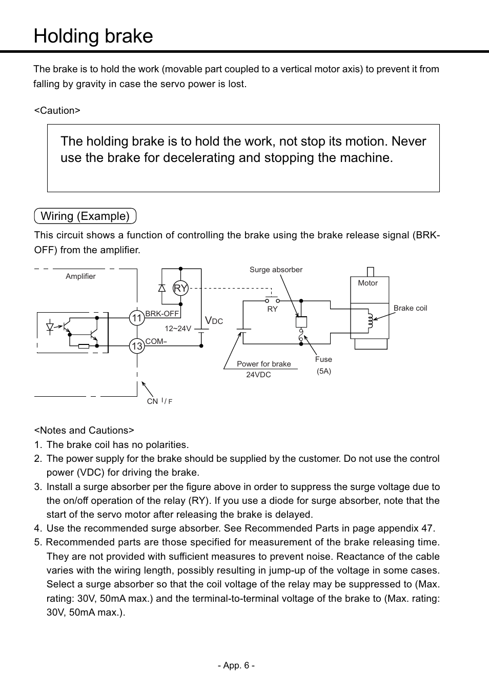 Holding brake, App. 6, Wiring (example) | Panasonic MDDDT5540 User Manual | Page 80 / 133
