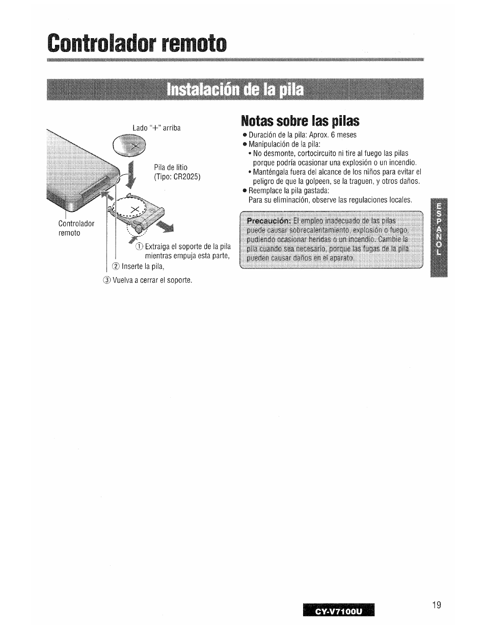 Controlador remoto, Notas sobre las pilas | Panasonic CY-V7100U User Manual | Page 19 / 92