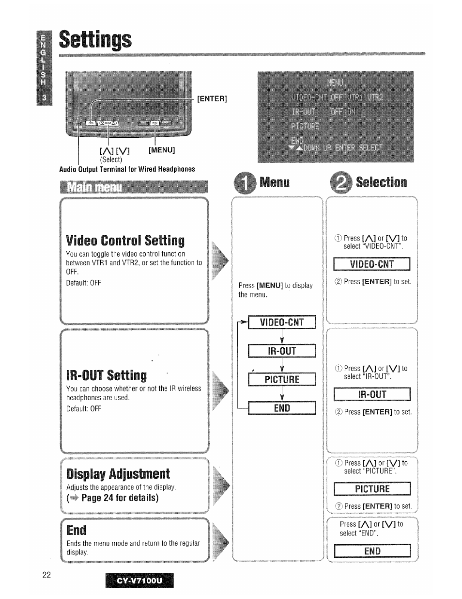 Settings, Video-cnt, Menu | Display adjustment, I selecti | Panasonic CY-V7100U User Manual | Page 22 / 92