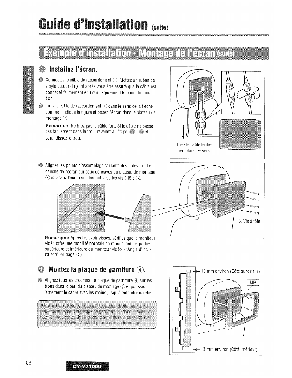 Installez récran, Fl lontez la plaque de garniture, Guide d’installation | Panasonic CY-V7100U User Manual | Page 58 / 92