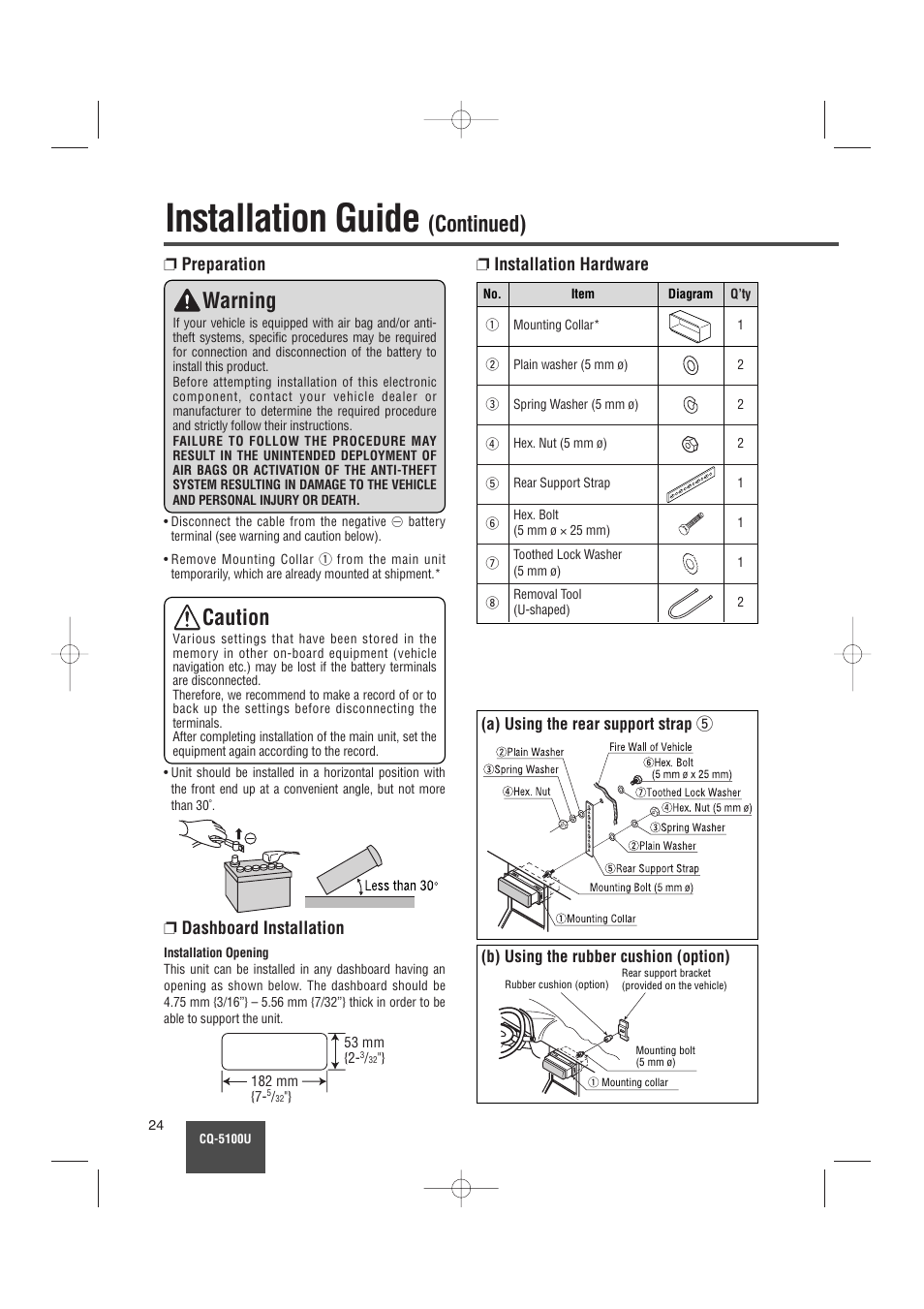 Installation guide, Continued), Caution | Warning, Preparation ❐ installation hardware, Dashboard installation | Panasonic CQ-5100U User Manual | Page 24 / 32