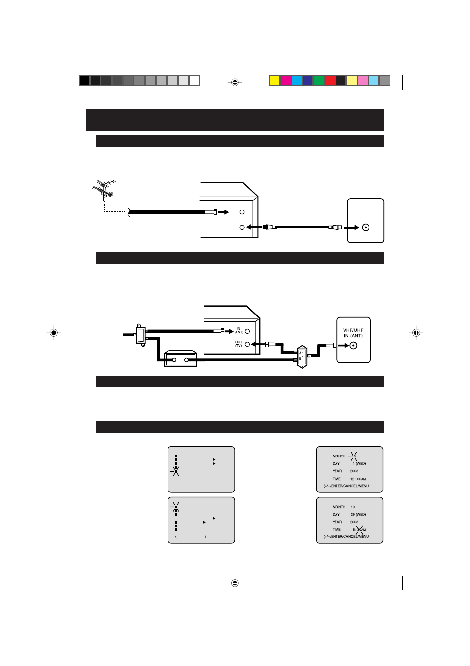 Conexiones de tv cable (catv), Conexiones basicos, Ajuste del reloj automatico | Ajuste del reloj manual | Panasonic PV-D734S User Manual | Page 59 / 68
