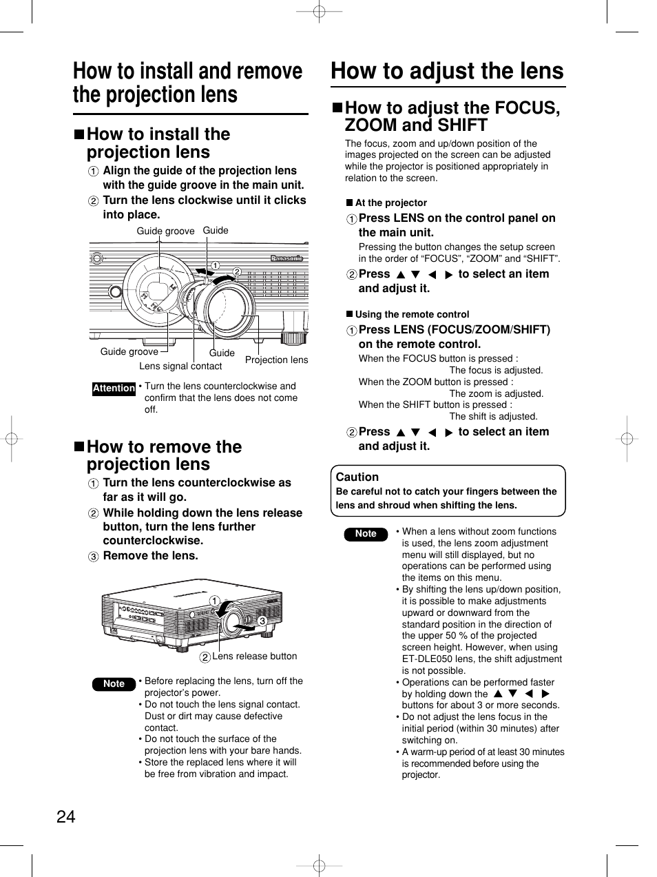 How to install the projection lens, How to remove the projection lens, How to adjust the focus, zoom and shift | Panasonic PT-DW5100E User Manual | Page 24 / 64
