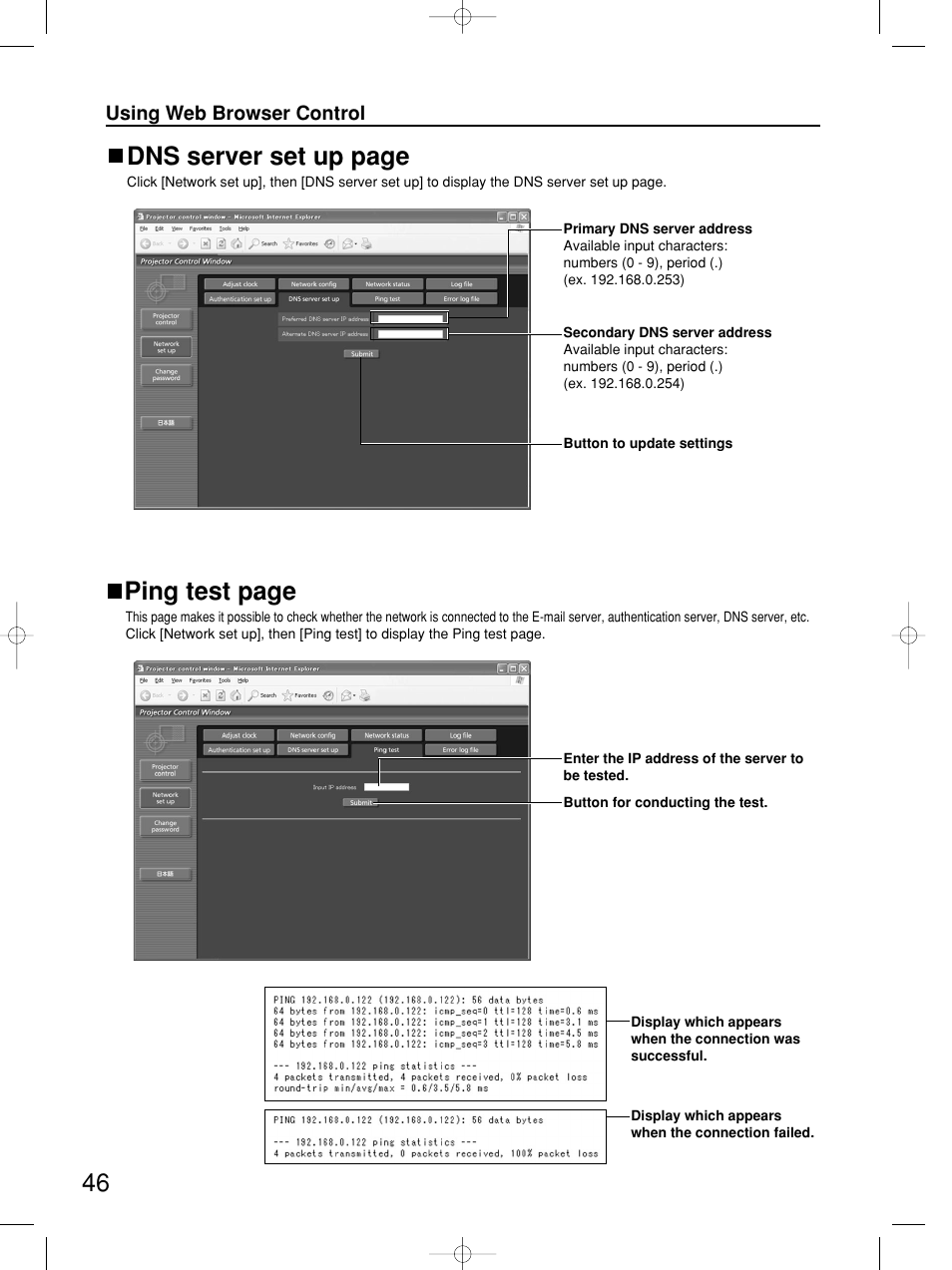 Ping test page, Dns server set up page | Panasonic PT-DW5100E User Manual | Page 46 / 64