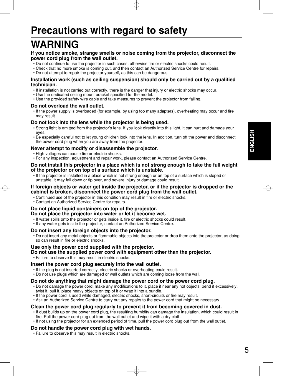 Precautions with regard to safety, Warning | Panasonic PT-DW5100E User Manual | Page 5 / 64