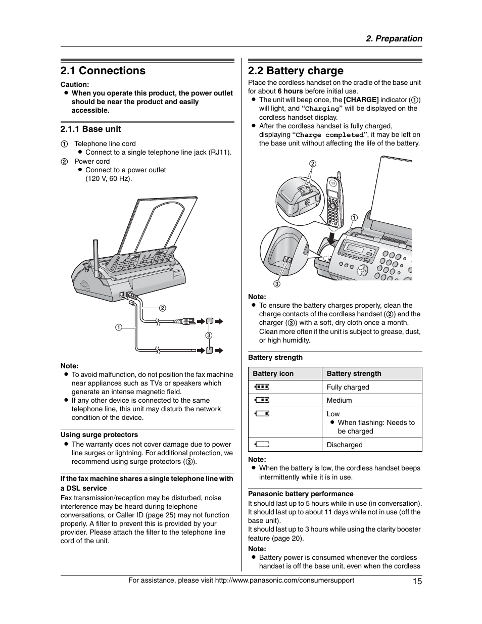 1 connections, 2 battery charge | Panasonic KX-FG2451 User Manual | Page 15 / 76