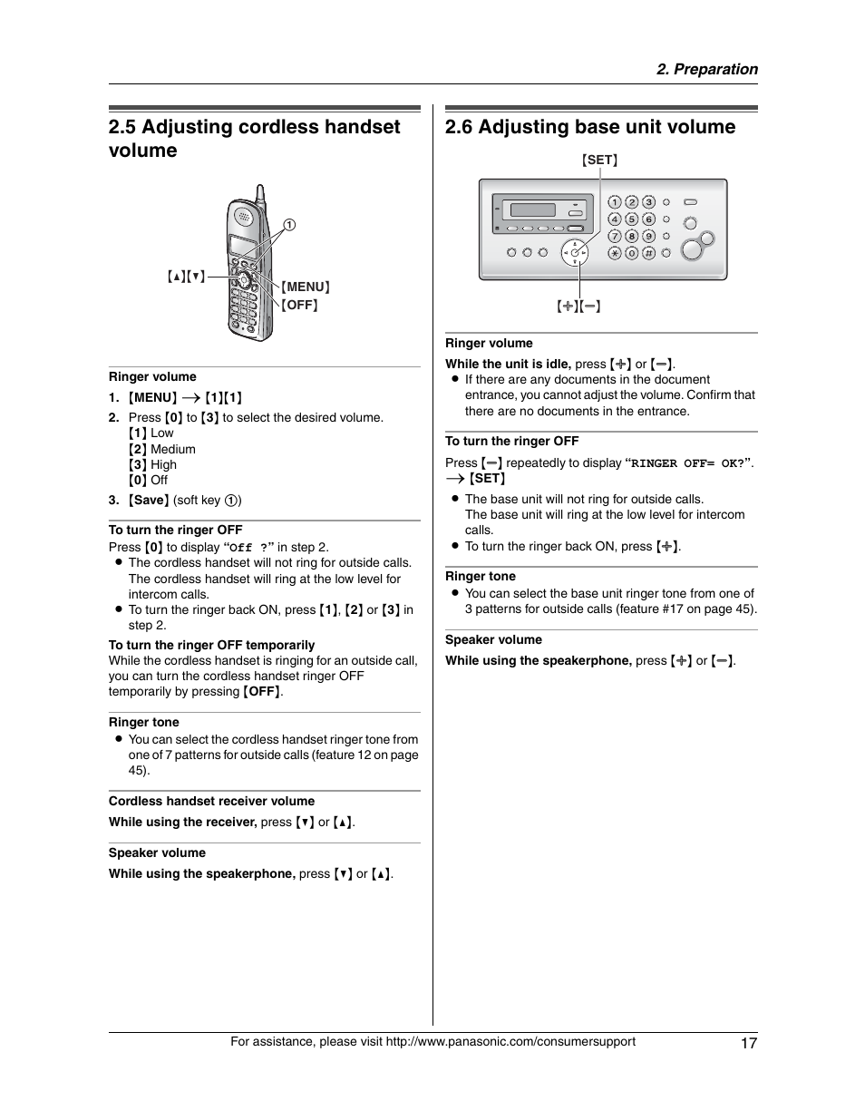 5 adjusting cordless handset volume, 6 adjusting base unit volume | Panasonic KX-FG2451 User Manual | Page 17 / 76