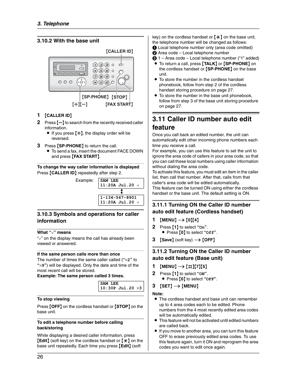 11 caller id number auto edit feature | Panasonic KX-FG2451 User Manual | Page 26 / 76