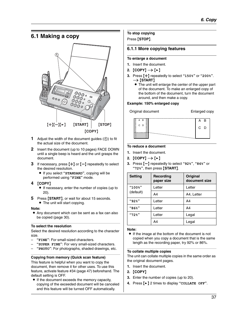 1 making a copy | Panasonic KX-FG2451 User Manual | Page 37 / 76