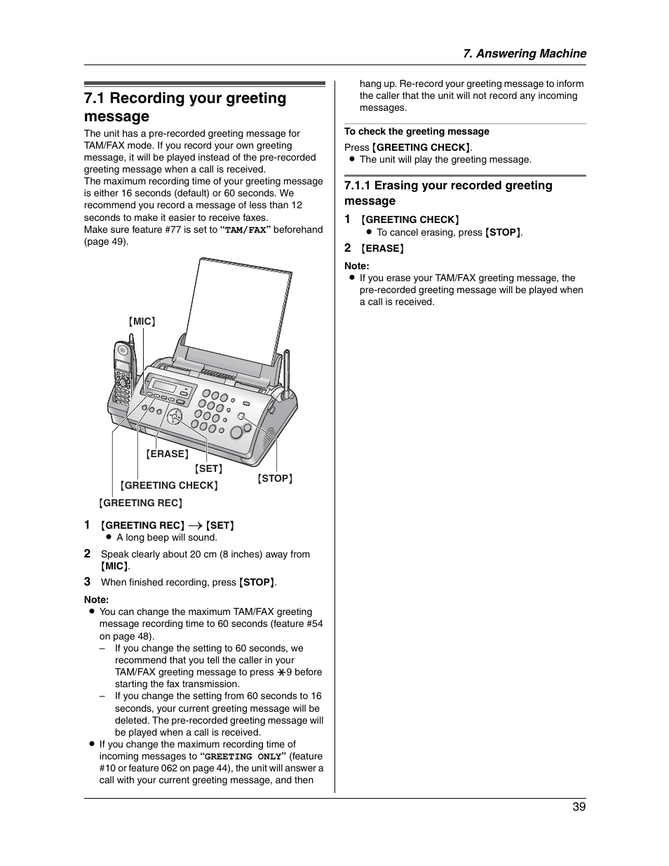 1 recording your greeting message | Panasonic KX-FG2451 User Manual | Page 39 / 76