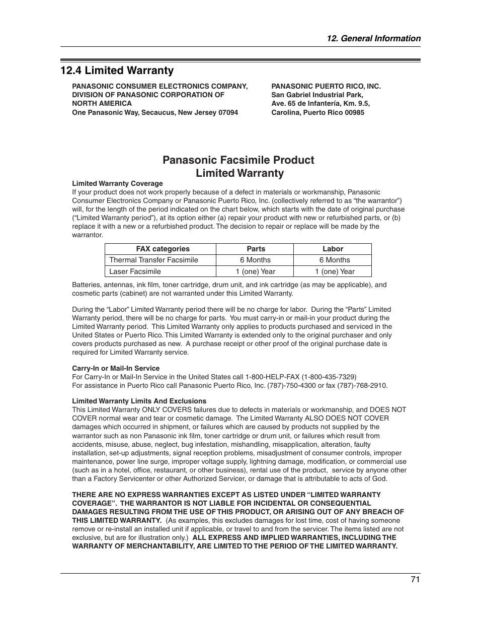4 limited warranty, Panasonic facsimile product limited warranty | Panasonic KX-FG2451 User Manual | Page 71 / 76