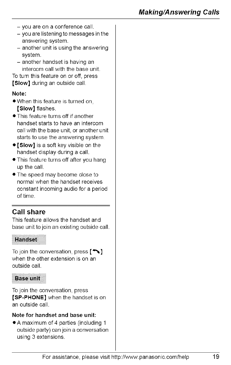 Note, Call share, Handset | Base unit, Note for handset and base unit, Making/answering calls | Panasonic 5.8 GHZ EXPANDABLE DIGITAL CORDLESS ANSWERING SYSTEM KX-TG6074 User Manual | Page 19 / 56
