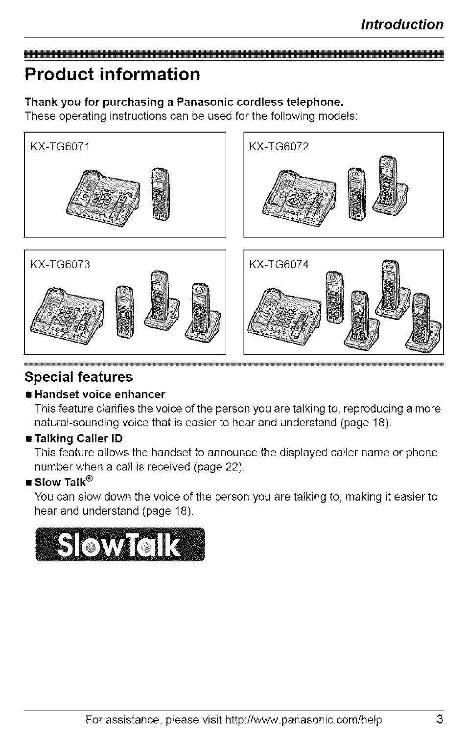 Product information, Special features, Introduction | Panasonic 5.8 GHZ EXPANDABLE DIGITAL CORDLESS ANSWERING SYSTEM KX-TG6074 User Manual | Page 3 / 56