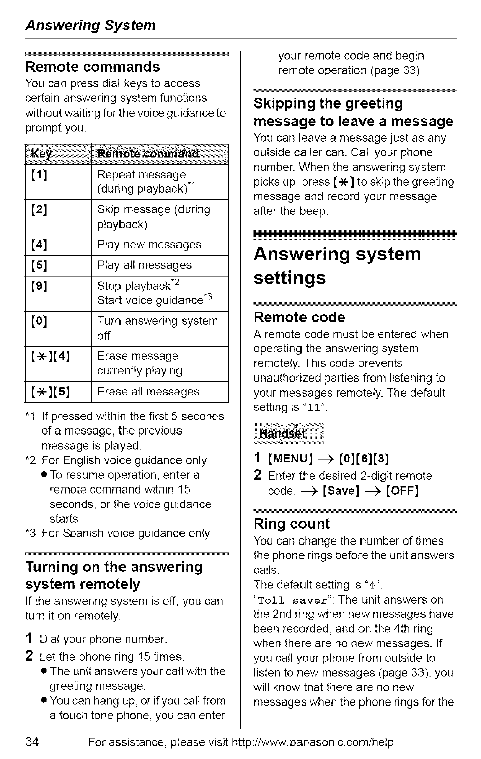 Remote commands, Turning on the answering system remoteiy, Skipping the greeting message to ieave a message | Answering system settings, Remote code, Handset, 1 [menu] —> [0][6][3, Ring count, Answering system remote commands | Panasonic 5.8 GHZ EXPANDABLE DIGITAL CORDLESS ANSWERING SYSTEM KX-TG6074 User Manual | Page 34 / 56