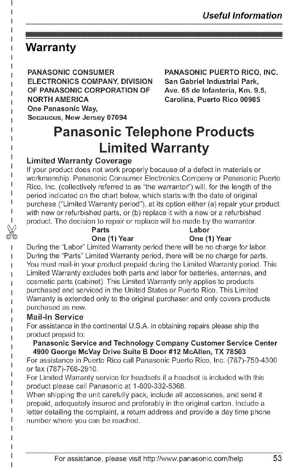 Warranty, Panasonic consumer panasonic puerto rico, inc, Panasonic telephone products limited warranty | Useful information | Panasonic 5.8 GHZ EXPANDABLE DIGITAL CORDLESS ANSWERING SYSTEM KX-TG6074 User Manual | Page 53 / 56