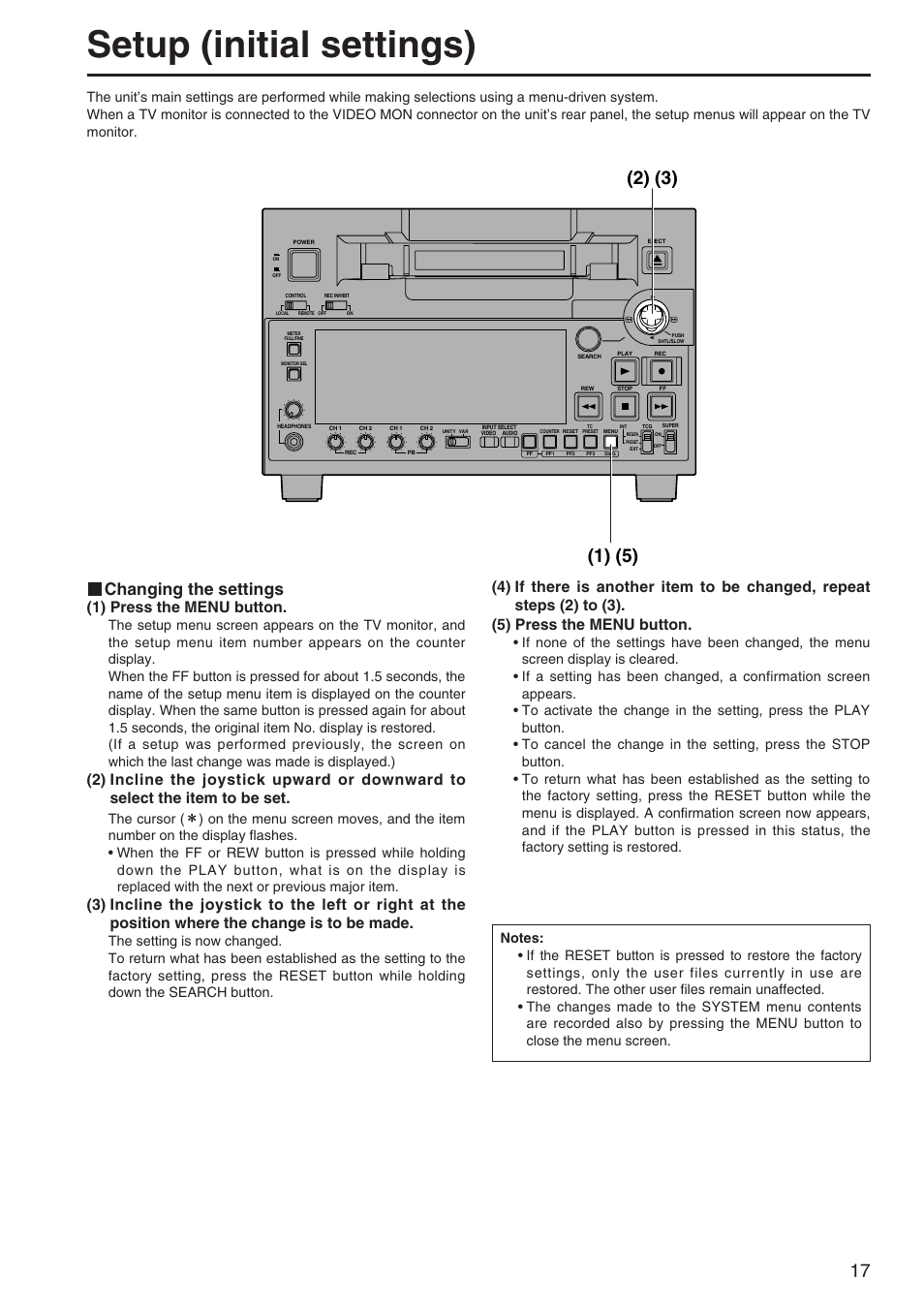 Setup (initial settings), Changing the settings, 1) press the menu button | Panasonic AJ-SD255 User Manual | Page 17 / 46