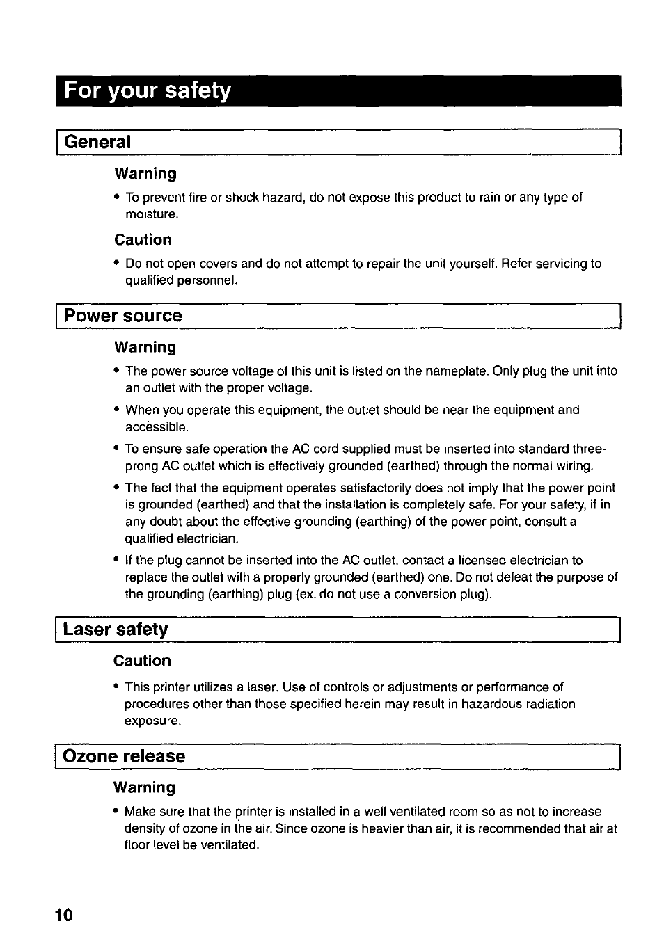 Warning, Caution, Cautions | For your safety, General, Power source, Laser safety, Ozone release | Panasonic KX-P7510 User Manual | Page 10 / 68