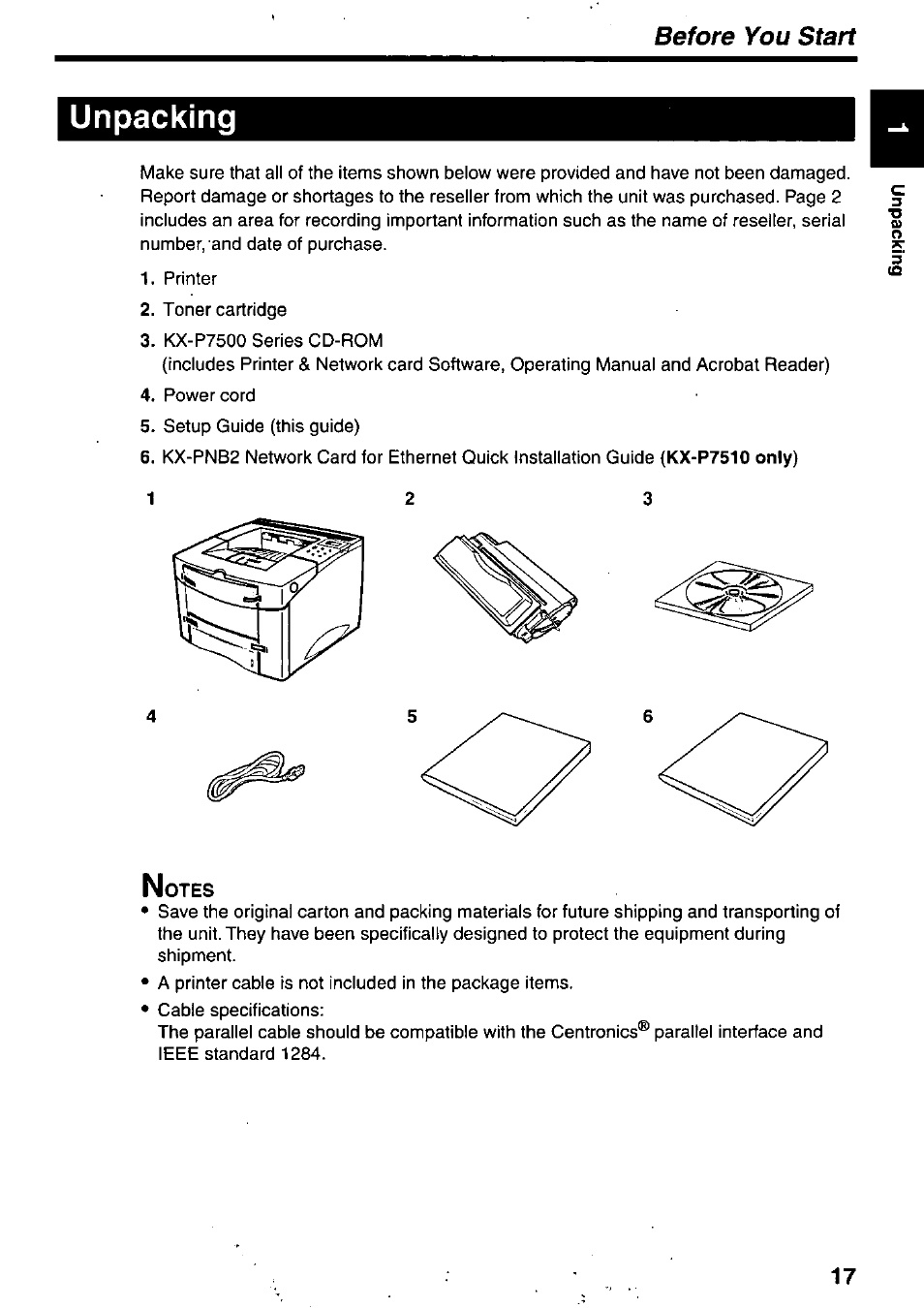 Unpacking, Before you start | Panasonic KX-P7510 User Manual | Page 17 / 68