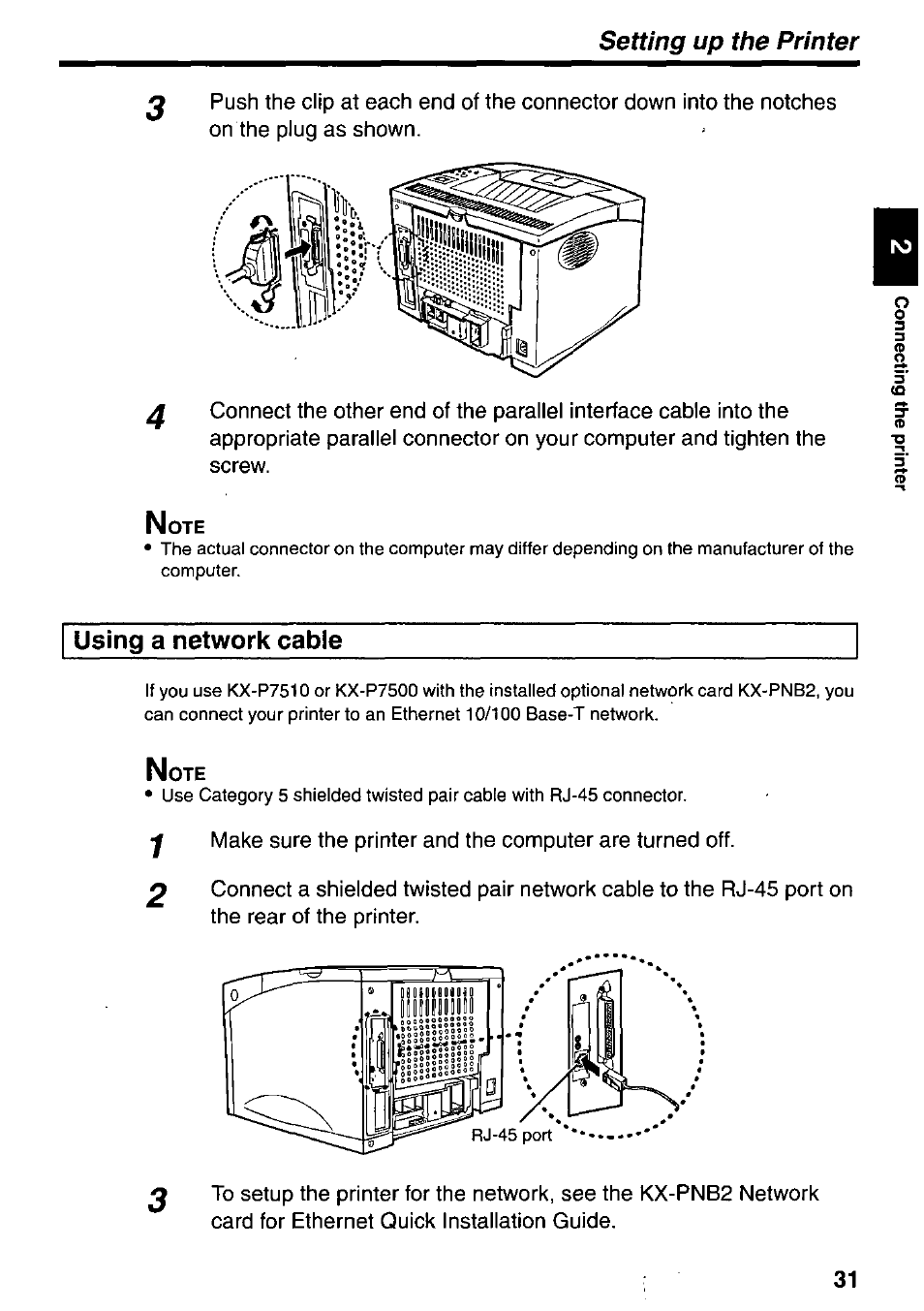 Using a network cable, Setting up the printer | Panasonic KX-P7510 User Manual | Page 31 / 68