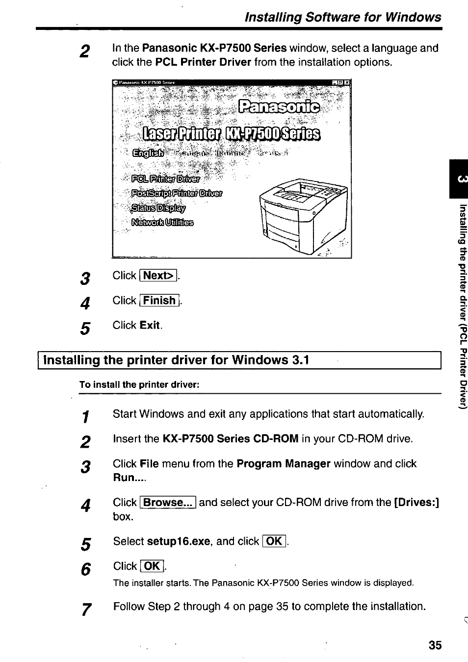 Installing the printer driver for windows 3.1, R7500^eries, Installing software for windows | Panasonic KX-P7510 User Manual | Page 35 / 68