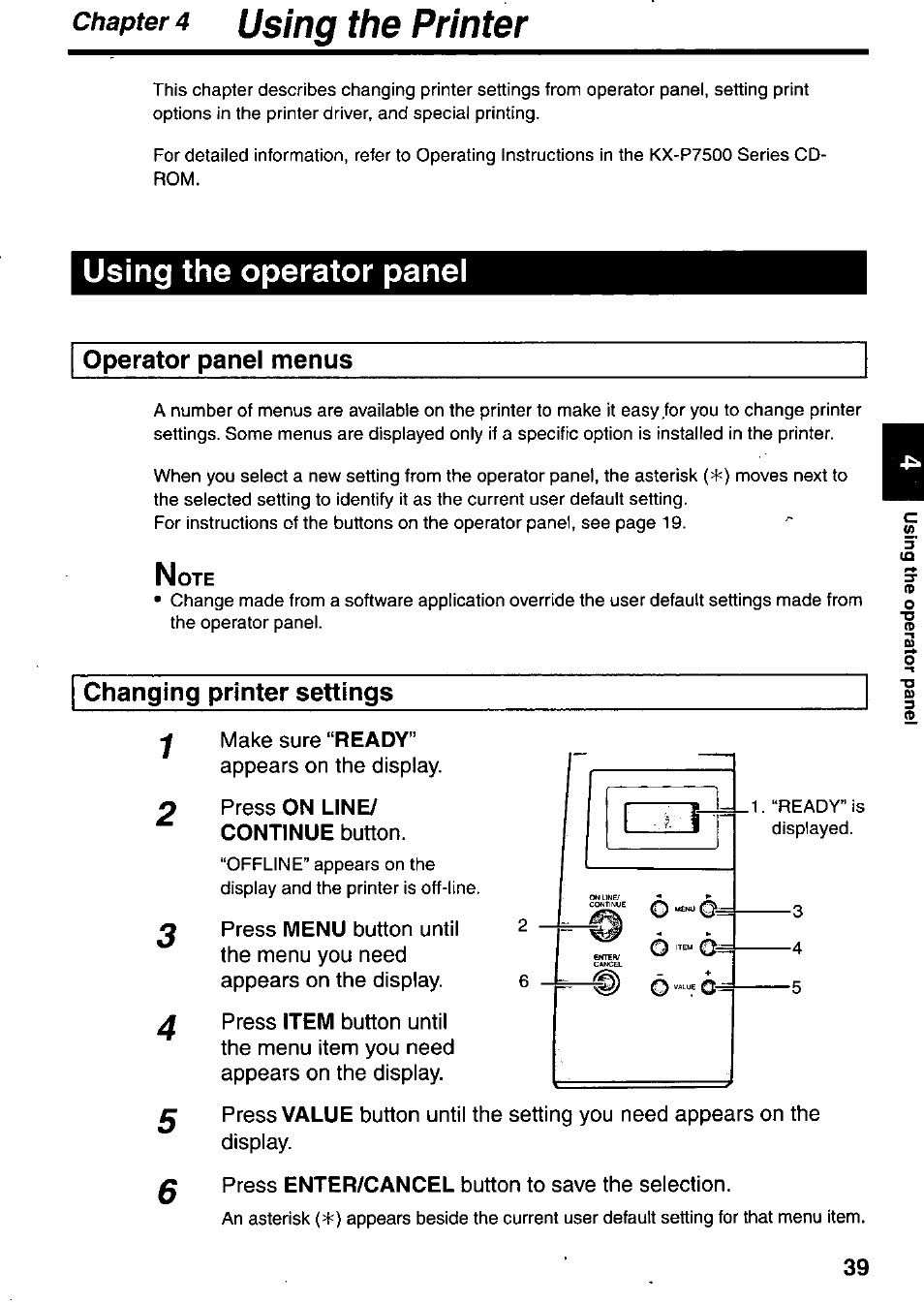 Chapter 4 using the printer, Operator panel menus, Changing printer settings | Preparing the printer, Operator panel menus changing printer settings, Using the operator panel | Panasonic KX-P7510 User Manual | Page 39 / 68