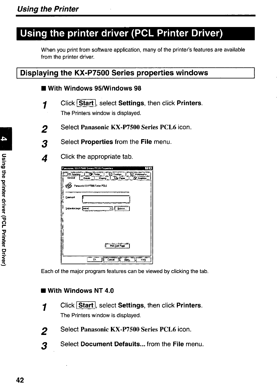 Displaying the kx-p7500 series properties windows, Using the printer driver (pcl printer driver) | Panasonic KX-P7510 User Manual | Page 42 / 68