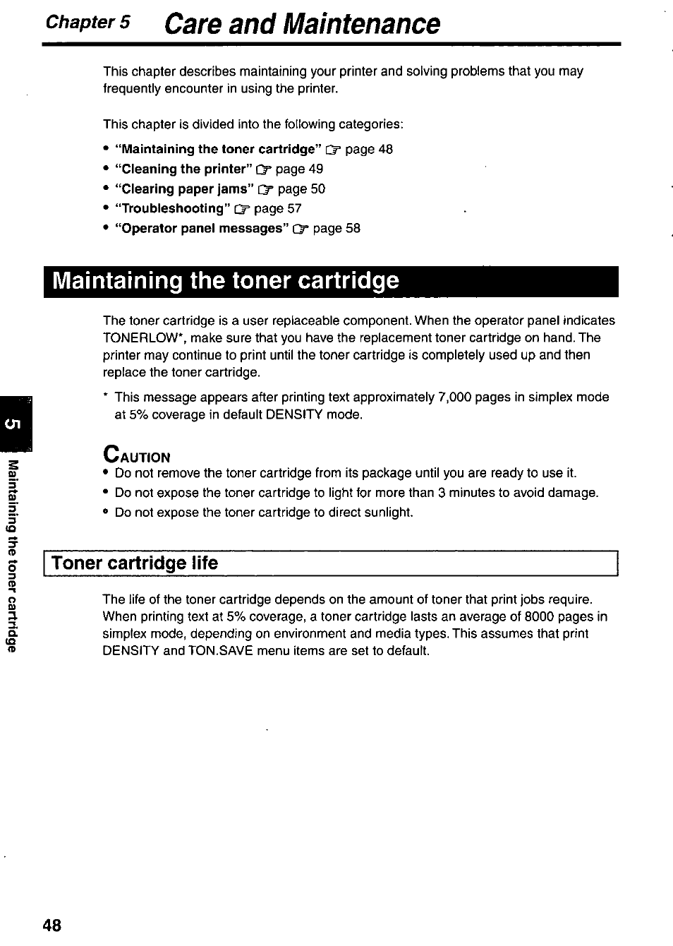 Chapter 5 cate and maintenance, Maintaining the toner cartridge, Toner cartridge life | Panasonic KX-P7510 User Manual | Page 48 / 68