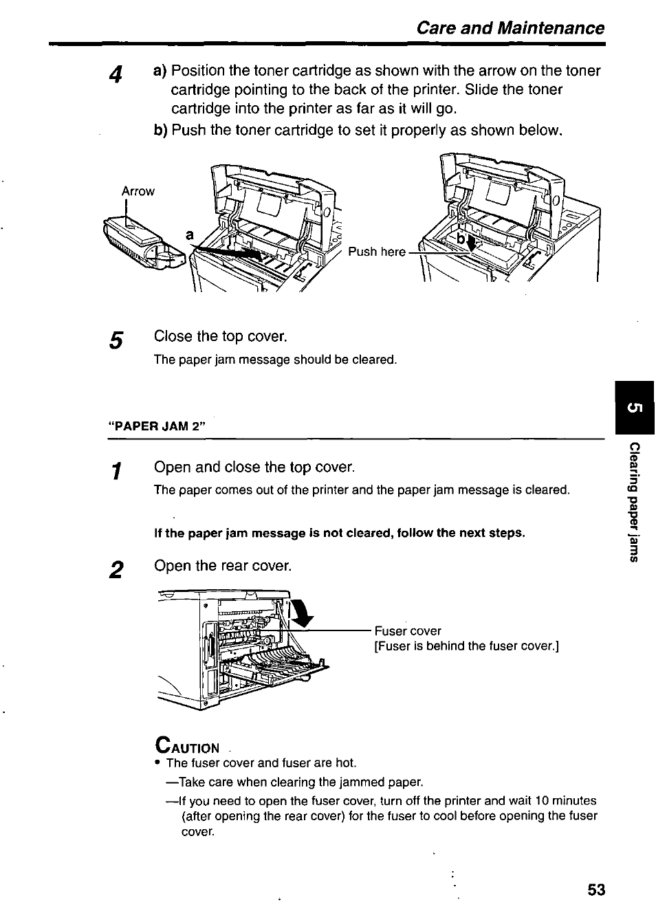G close the top cover, Y open and close the top cover, Open the rear cover | Care and maintenance | Panasonic KX-P7510 User Manual | Page 53 / 68