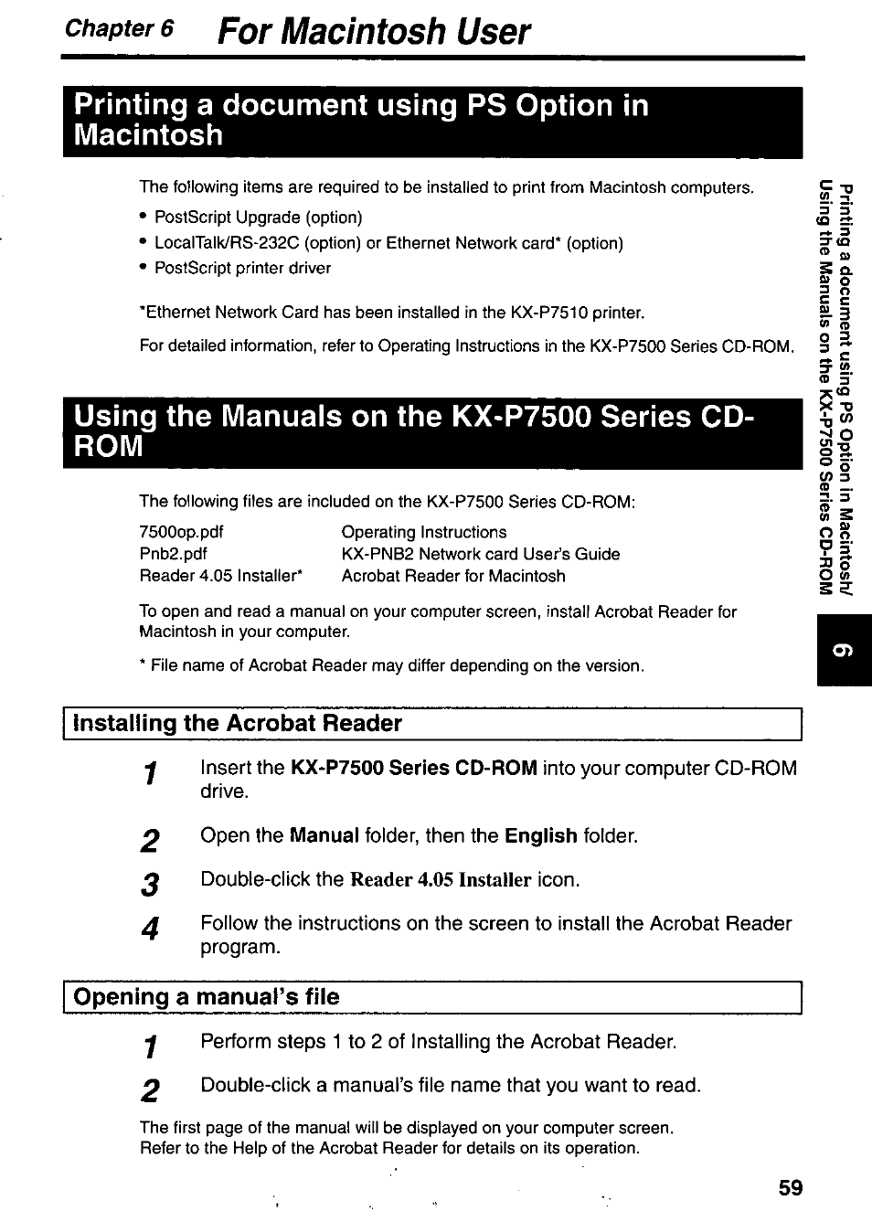 Chapter 6 for macintosti user, Installing the acrobat reader, Open the manual folder, then the english folder | Double-click the reader 4.05 installer icon, Opening a manual’s file, Printing a document using ps option in macintosh, Using the manuals on the kx-p7500 series cd- rom, Reader 4.05 installer | Panasonic KX-P7510 User Manual | Page 59 / 68