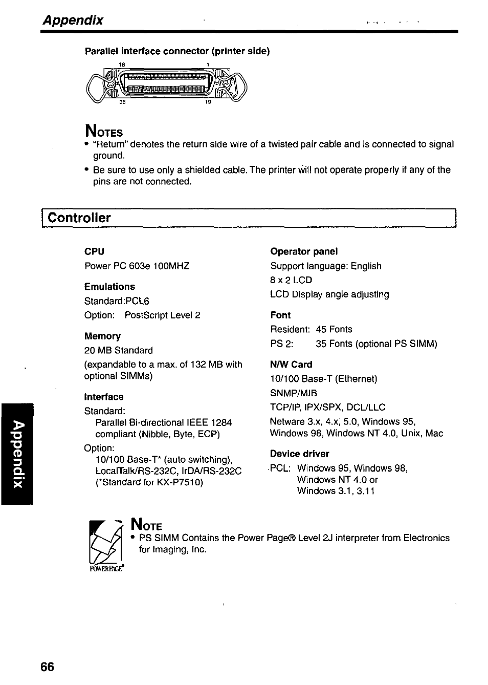 Controller, Appendix | Panasonic KX-P7510 User Manual | Page 66 / 68