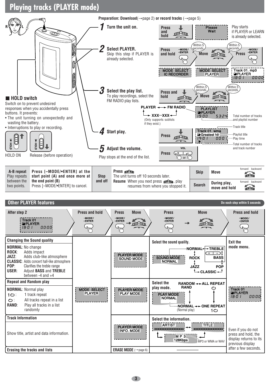 Playing tracks (player mode) | Panasonic SV-MP31V User Manual | Page 3 / 6