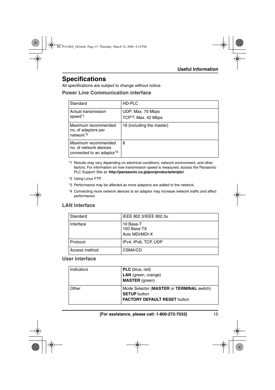 Specifications | Panasonic BL-PA100A User Manual | Page 15 / 32