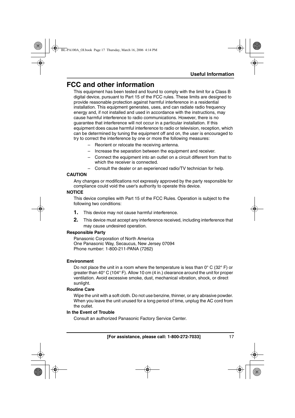 Fcc and other information | Panasonic BL-PA100A User Manual | Page 17 / 32