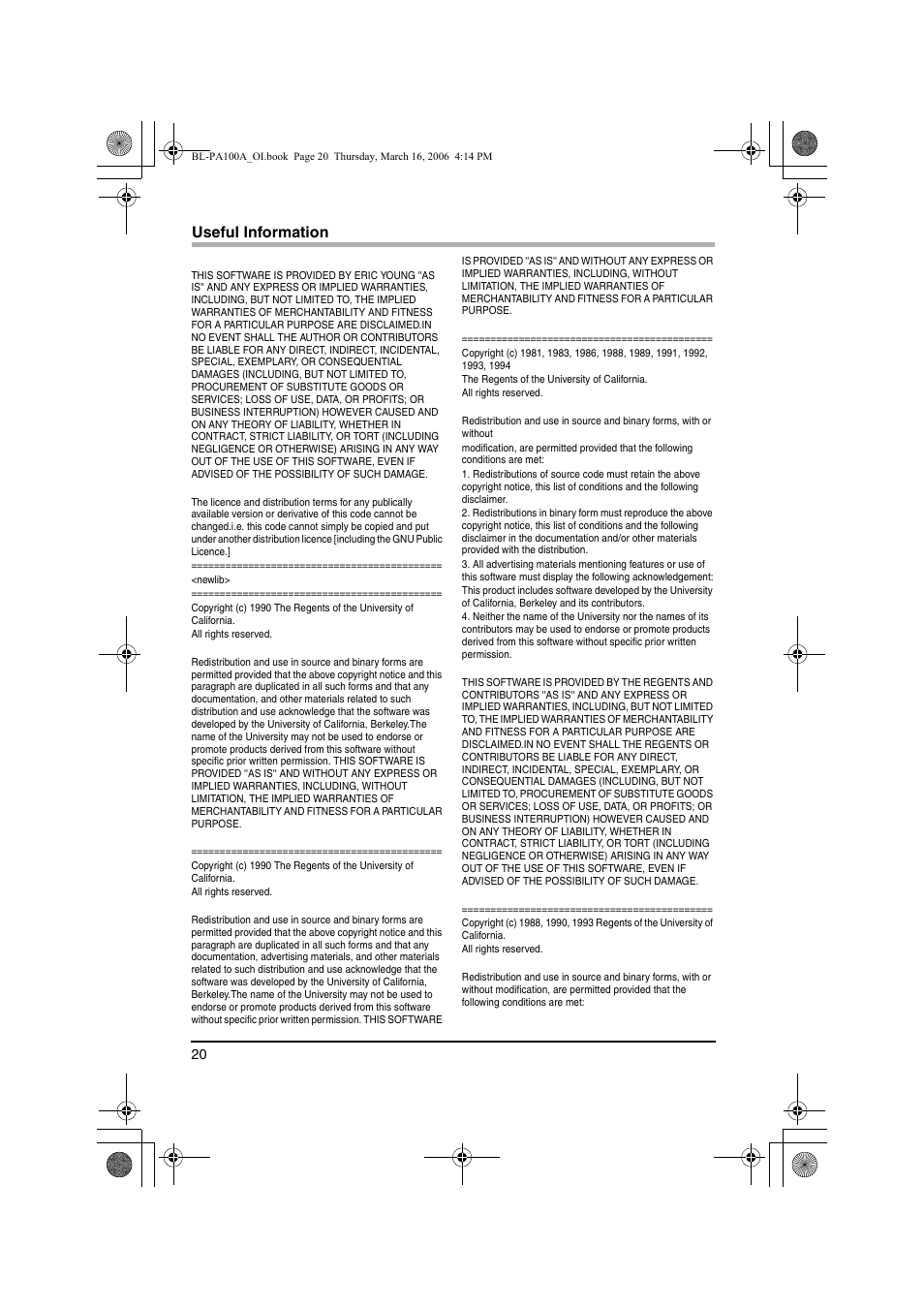 Useful information | Panasonic BL-PA100A User Manual | Page 20 / 32