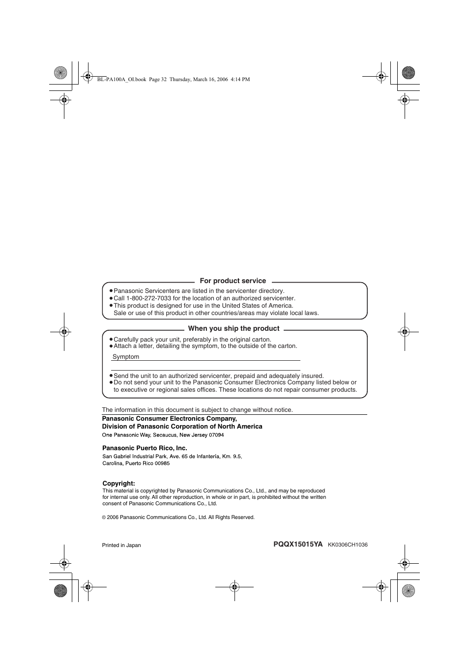 Panasonic BL-PA100A User Manual | Page 32 / 32