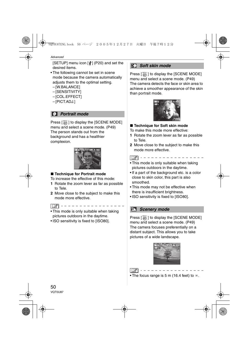 Portrait mode, Soft skin mode scenery mode | Panasonic DMC-LZ5 User Manual | Page 50 / 112