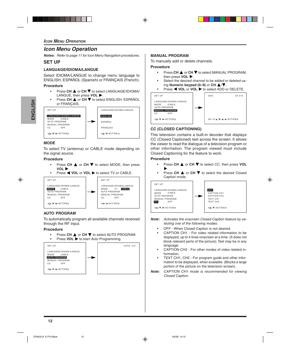 Icon menu operation, English i, Set up | Panasonic CT 27SL15 User Manual | Page 14 / 68