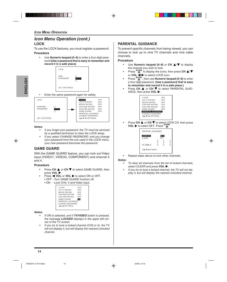 Icon menu operation (cont.), English i, Lock | Game guard, Parental guidance | Panasonic CT 27SL15 User Manual | Page 16 / 68