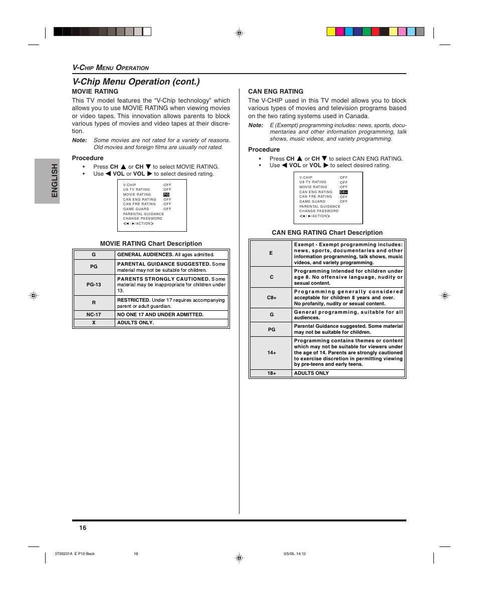 V-chip menu operation (cont.), English v-c | Panasonic CT 27SL15 User Manual | Page 18 / 68