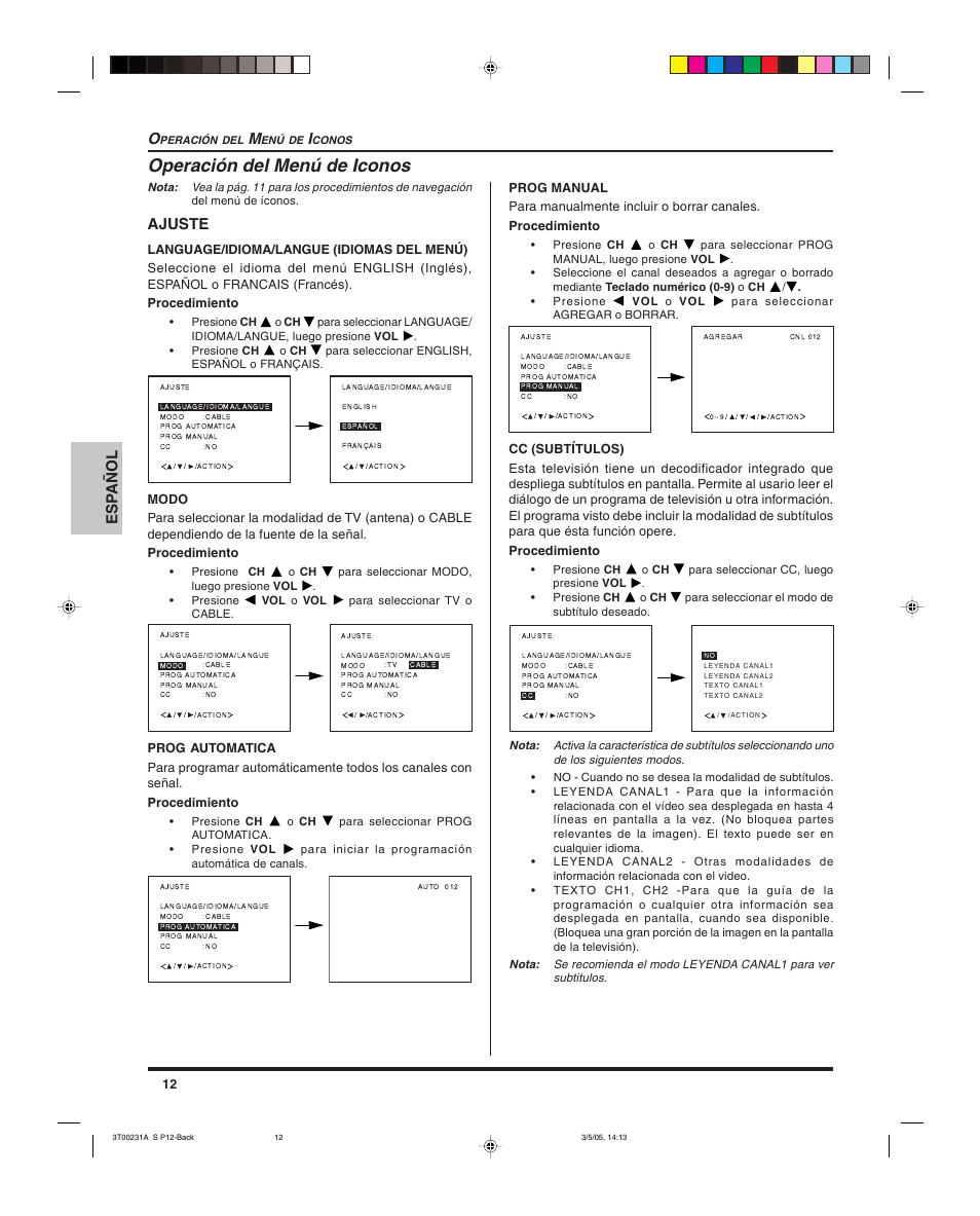 Operacion del menu de iconos, Operación del menú de iconos, Esp añol o | Ajuste | Panasonic CT 27SL15 User Manual | Page 34 / 68
