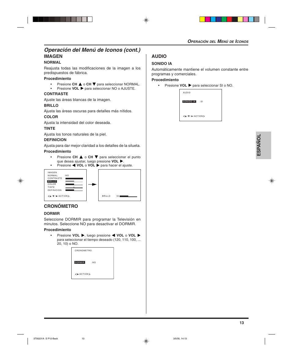 Operación del menú de iconos (cont.), Esp añol o, Imagen | Cronómetro, Audio | Panasonic CT 27SL15 User Manual | Page 35 / 68
