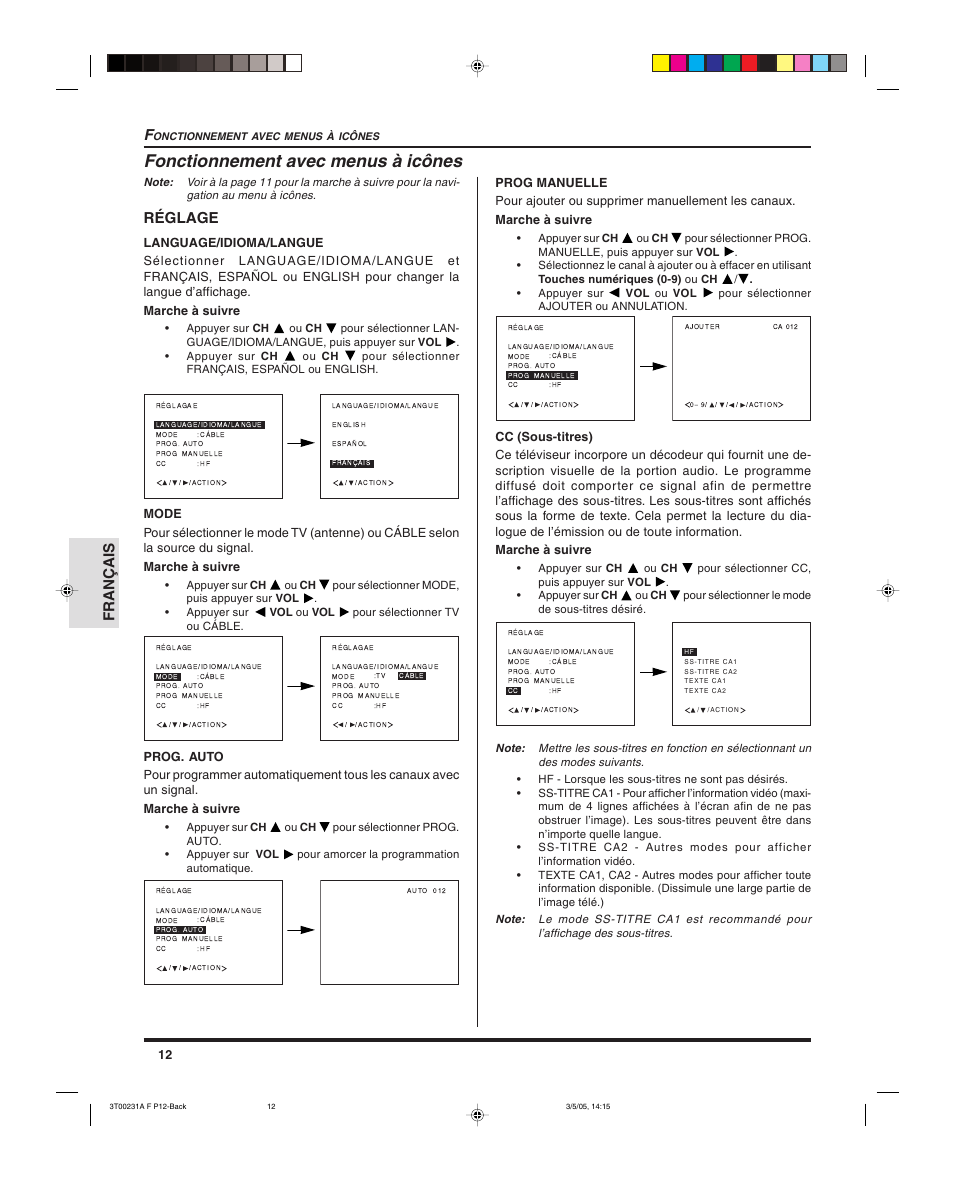 Fonctionnement avec menus a icones, Fonctionnement avec menus à icônes, Français f | Réglage | Panasonic CT 27SL15 User Manual | Page 54 / 68