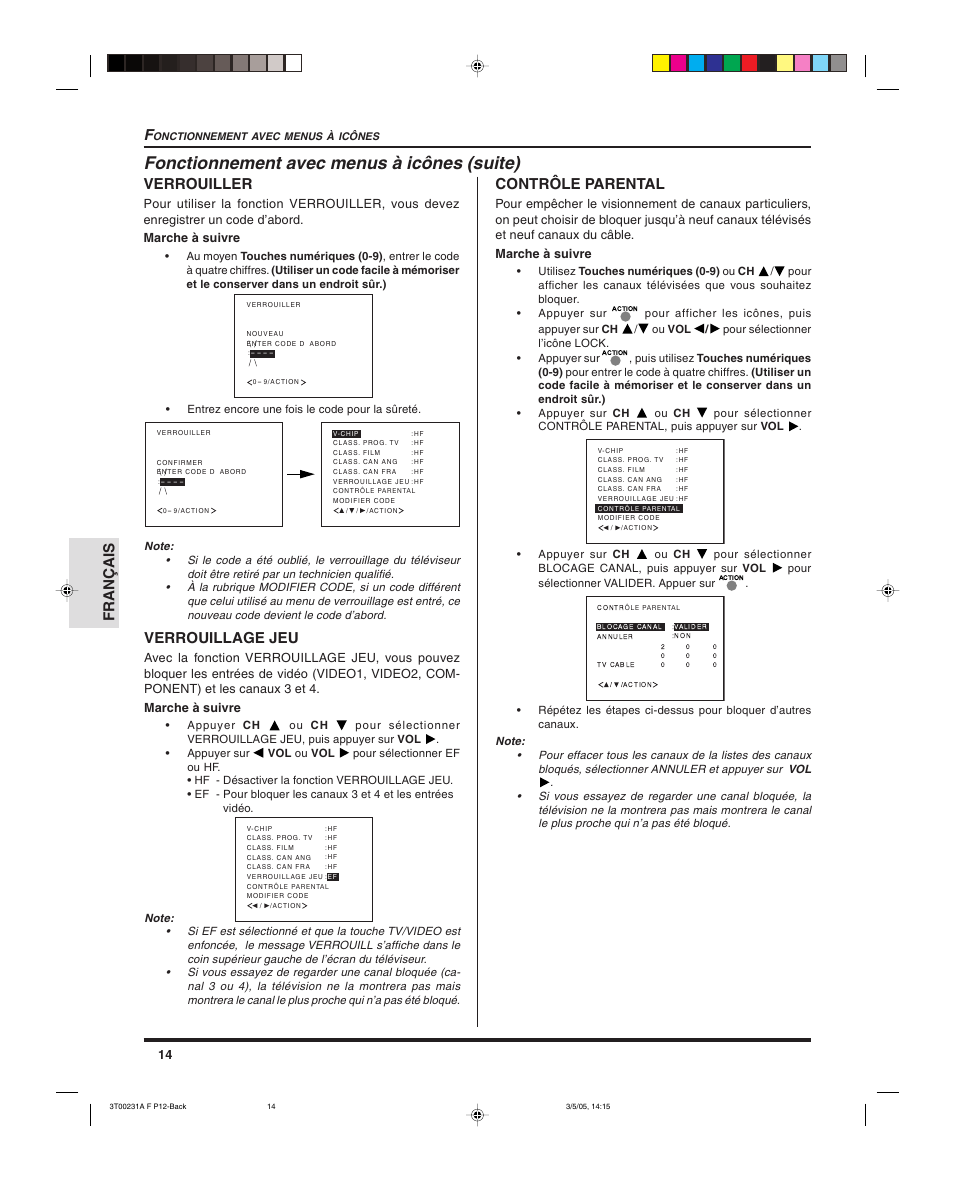 Fonctionnement avec menus à icônes (suite), Français f, Verrouiller | Verrouillage jeu, Contrôle parental | Panasonic CT 27SL15 User Manual | Page 56 / 68