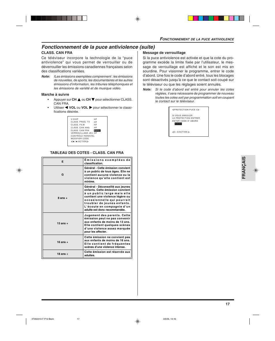 Fonctionnement de la puce antiviolence (suite), Français | Panasonic CT 27SL15 User Manual | Page 59 / 68