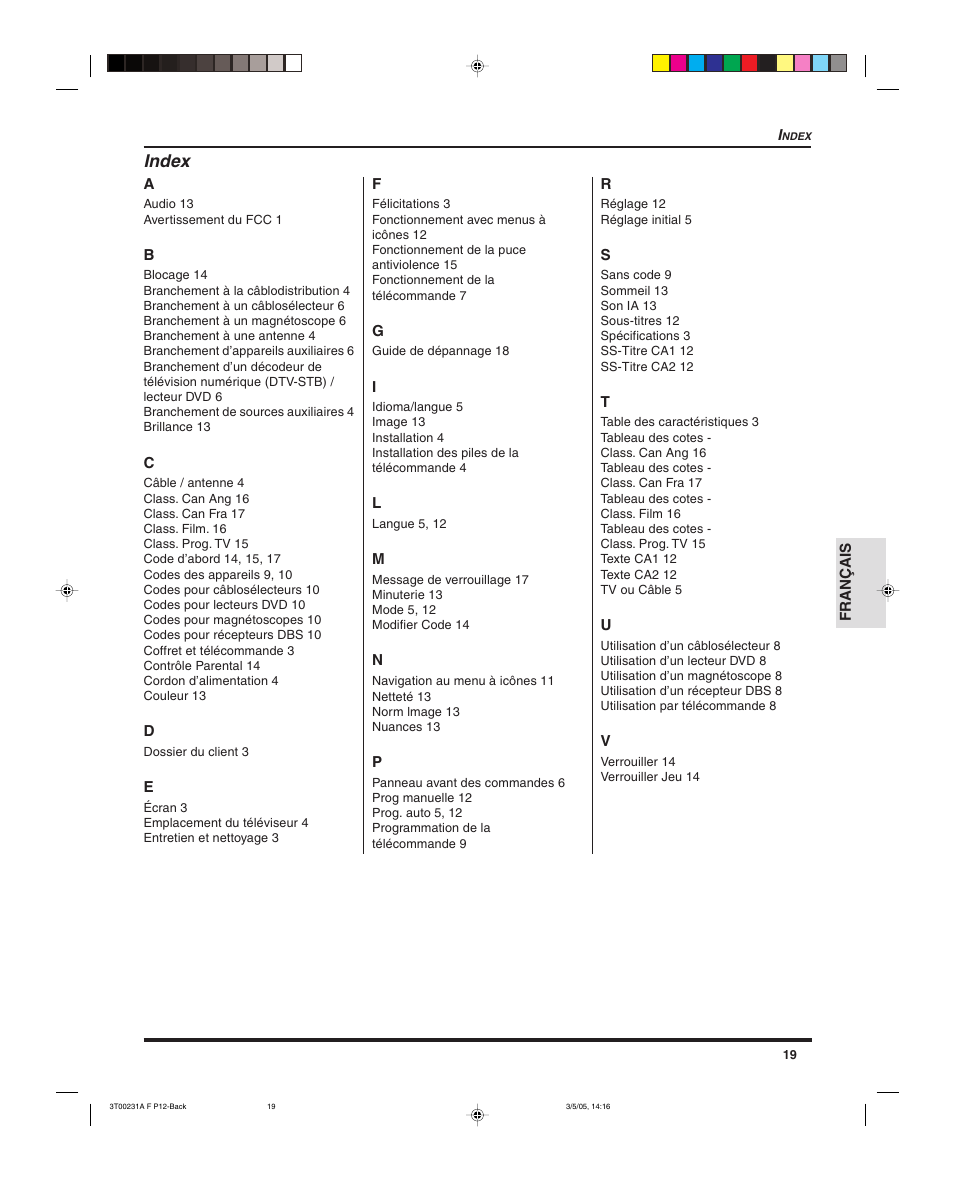 Index | Panasonic CT 27SL15 User Manual | Page 61 / 68
