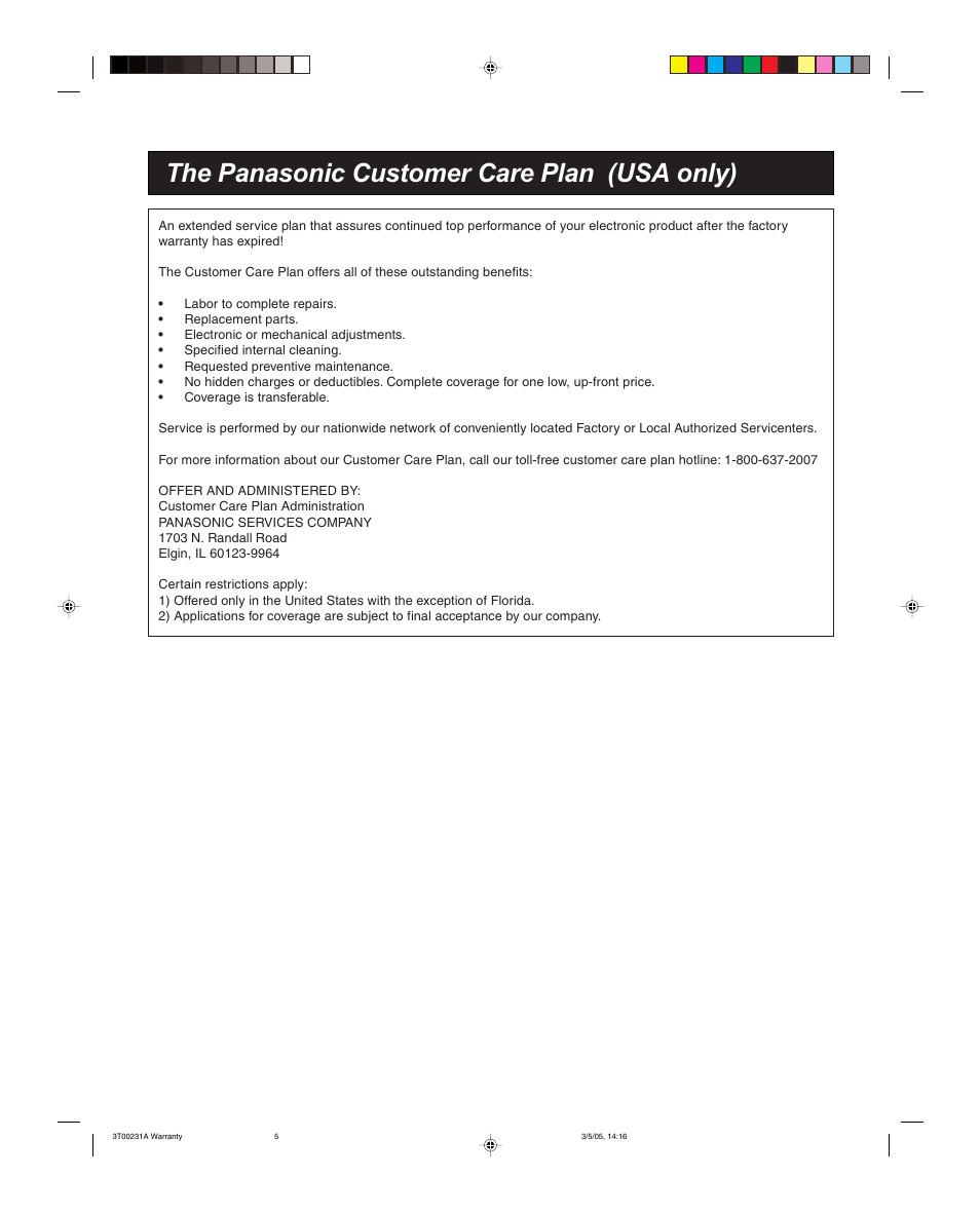 The panasonic customer care plan (usa only) | Panasonic CT 27SL15 User Manual | Page 65 / 68