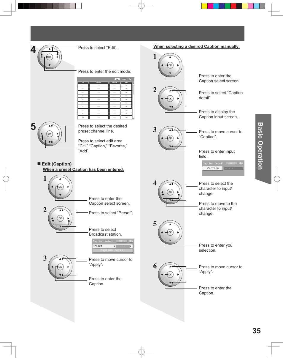 Basic operation, Edit (caption) | Panasonic PT-61DLX26 User Manual | Page 35 / 92
