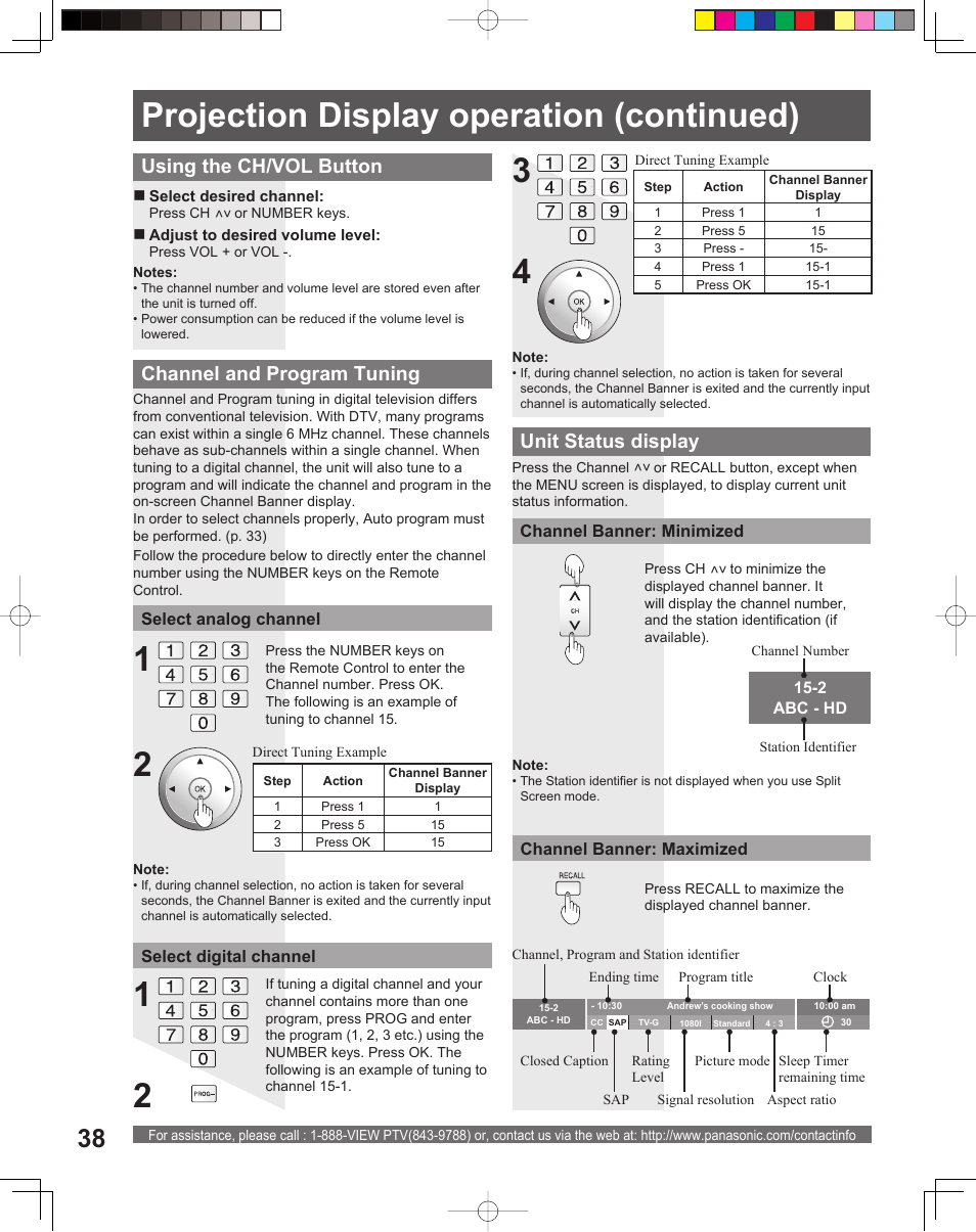 Projection display operation (continued), Channel and program tuning, Unit status display | Using the ch/ vol button | Panasonic PT-61DLX26 User Manual | Page 38 / 92